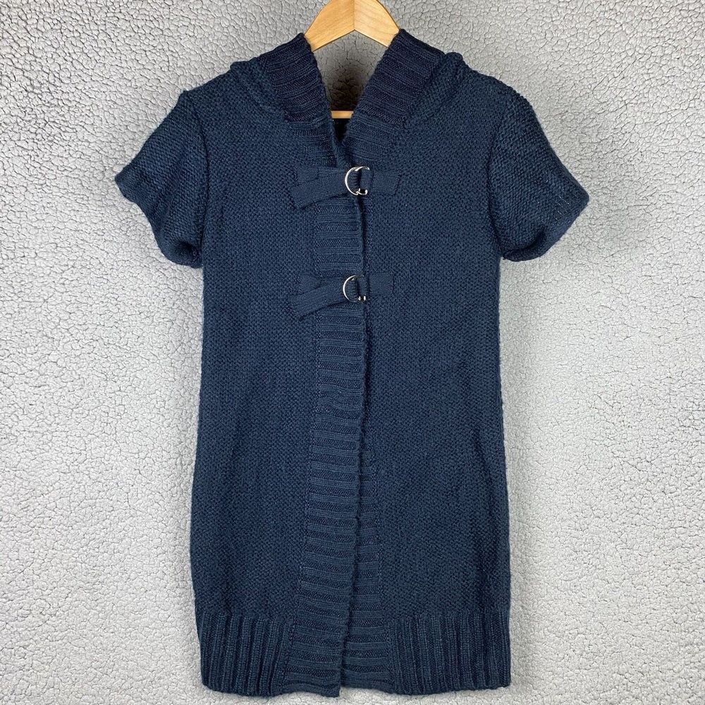 Jennifer Lopez Cardigan Sweater Blue Knit Shirt Sleeve size Small Hooded J Lo
